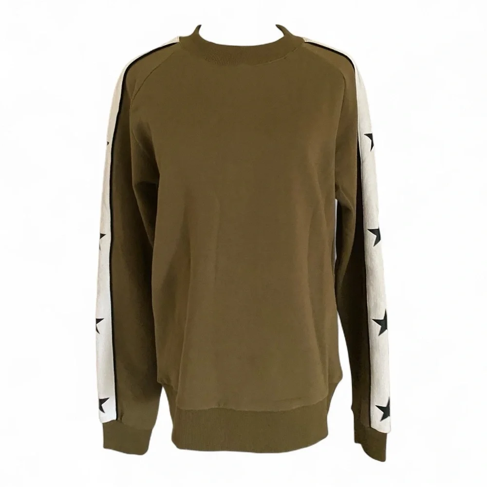ELLANDEMM Crewneck Sweatshirt White Stripes Black Star Sleeve Detail Olive Green